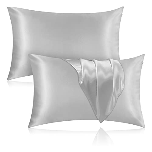 Veaken Silk Pillowcase for Hair and Skin, 100% Mulberry Silk Pillowcase 25 Momme 600 Thread Count, Both Side Pure Silk with Hidden Zipper, Queen 20''x30'', Grey, Set of 2