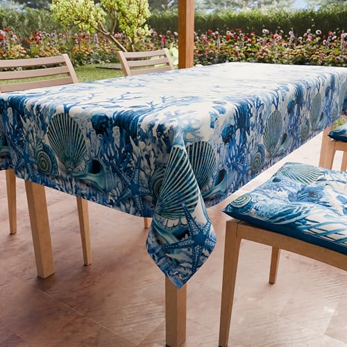 PETTI Artigiani Italiani - Stain Resistant Square Tablecloth 180 x 180 cm Kitchen Table Cover Coral Design Blue X8 Seater (180 x 180 cm) 100% Made in Italy