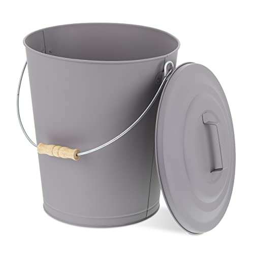 Relaxdays Ash Bucket with Lid, 24l, Charcoal Bin with Handle, Round, Fireplace/Stove/Barbecue, HxØ: 42 x 35.5 cm, Grey, Steel