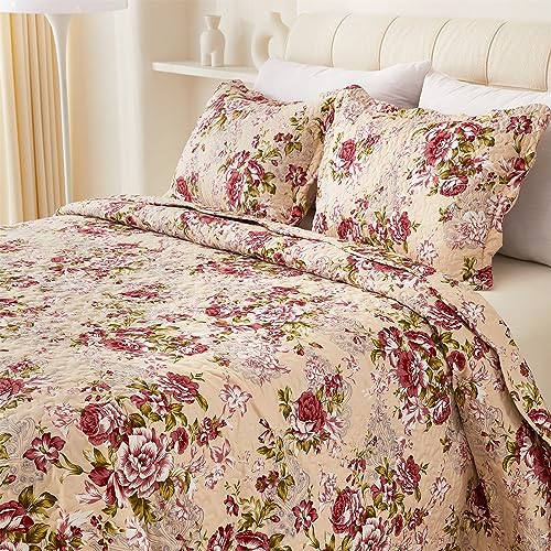 "Cmfshape Summer Floral Queen Quilted Bedspread,Romantic Red Quilt Set,Reversible Stitched Bedding Cover All Season,Soft Lightweight Coverlet with Pillow Cases (Red Rose, Queen(90""x90""))"