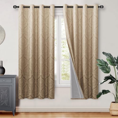 DWCN 100% Blackout Curtains for Bedroom 63 Inch Long - Damask Patterned Ombre Thermal Insulated Energy Saving Grommet Drapes for Living Room, Gradient Window Curtain 2 Panels, 52 x 63 Length, Taupe