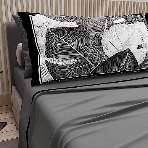 PETTI Artigiani Italiani - Cotton Sheets with Pillowcases in Digital Print, French Queen, Complete Top and Bottom Sheet with Corners, Dark Grey, 100% Made in Italy