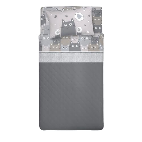 PENSIERI DELICATI 100% Cotton Double Bed Set, 120 x 200 cm, Complete with Bottom Sheet, Top Sheet and 1 Pillowcase, Made in Italy, Happycat Grey Design
