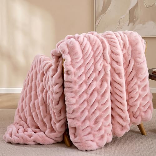 "Smoofy Blush Pink Throw Blanket for Couch ??? Ultra Soft Cozy Plush Fluffy Blanket with Faux Rabbit Fur, Fuzzy Lightweight Fleece for Sofa, Bed & Office, Gift for Women, Home Room Decor Throw 60""x80"""