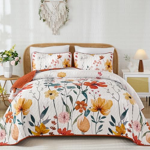 "Anibedding Floral Quilt Set Queen Size, Burnt Orange Bedspread with 2 Pillowcases, Soft Microfiber Lightweight Coverlet Bedding Set for All Season(96""x90"")"