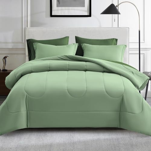 Maple&Stone Double Bed Comforter Set, 7 Pieces Bed in a Bag Full Sage Green - Two-tone Design, Down Alternative Bed Set with Sheets, Pillowcases & Shams, Soft All Season Bedding, Sage Green & Olive Green