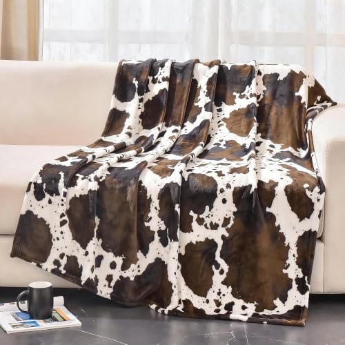 Bnuitland Brown Cow Print Throw Blanket with Storage Pouch, 300 GSM Double Sided Fuzzy Decor Lap Blanket for Bed/Sofa/Couch, Super Soft Cozy Flannel Throw Gift for Adults and Kids, 50??60 inch