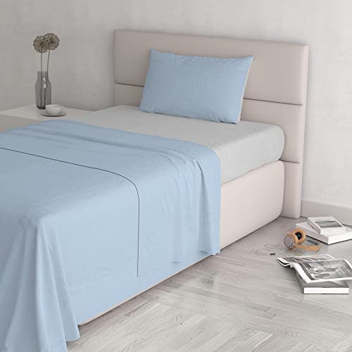 Italian Bed Linen Natural Colour Bed Sheet Set, Cotton, Light Blue/Light Grey, Small Double