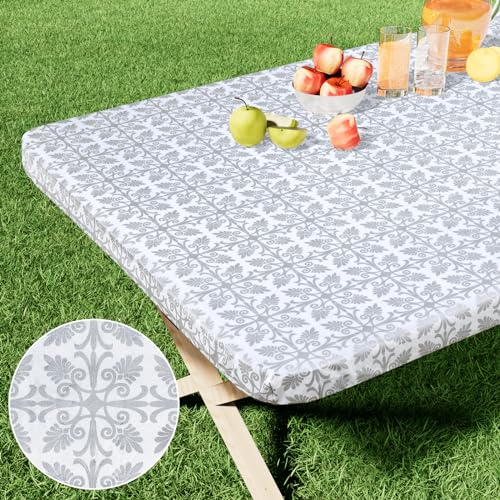 "misaya Rectangle Vinyl Table Cloth, Elastic Fitted Flannel Backed Tablecloth, 100% Waterproof Plastic Table Cover Fits 6 Foot Folding Tables for Picnic, Camping, Outdoor (Sliver Grey, 30"" x 72"")"