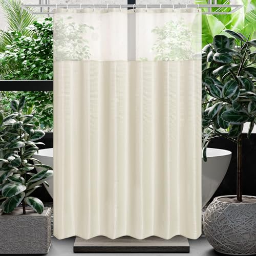 Gibelle Waffle Weave Shower Curtain with Mesh Top Window and Hooks Set, Spa Like Hotel Style Fabric Shower Curtain for Bathroom, Ivory, 72x72