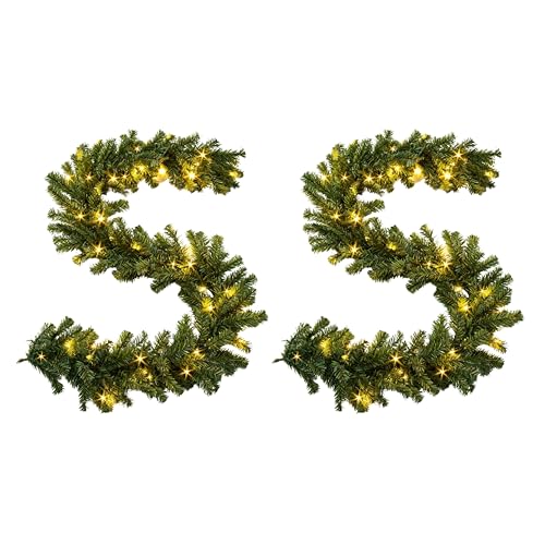 2 Pieces, 9ft/2.7m Pre-Lit Christmas Garland 70 Warm White LED 8 Light Modes Green Bushy Artificial Pine Long Garland for Indoor Outdoor, Stairs, Fireplace, Door, Mantel Home Garden Wedding Decoration