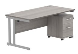 Office Hippo Heavy Duty Contract Grade Office Desk Workstation and Lockable 2-Drawer Pedestal Set, 120kg Weight Tolerance, 5-Year Warranty, FSC Certified, Alaskan Grey Oak, Silver Legs, 1600 x 800mm