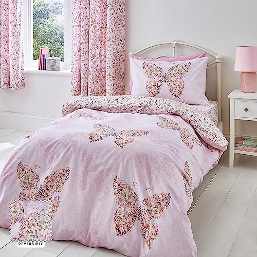 Catherine Lansfield Enchanted Butterfly Reversible Double Duvet Cover Set with Pillowcases Pink