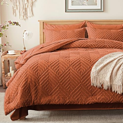 Zzlpp Twin Comforter Set 5 Pieces, Burnt Orange Tufted Bed in a Bag with Comforter and Sheets, All Season Boho Bedding Sets with 1 Comforter, 1 Pillow Sham, 1 Pillowcase, 1 Flat Sheet, 1 Fitted Sheet