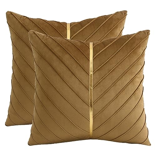 Tosleo Brown Velvet Throw Pillow Covers 16x16 inch Pack of 2 with Gold Leather Decorative Couch Pillow Cover Luxury Modern Pillowcases for Living Room Bedroom Sofa Cushion Bed 40x40CM