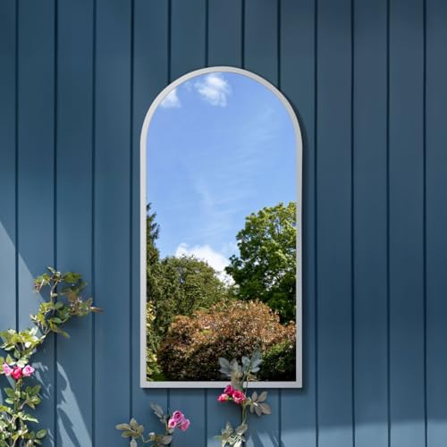 "MirrorOutlet The Arcus - White Metal Framed Modern Arched Garden Wall Mirror 47"" X 23.5"" (120CM X 60CM) Black. 2cm Wide Frame and 3cm Deep."