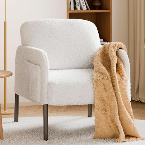 Mondeer Armchair, Accent Chair with Storage Bag and Metal Legs Soft Faux Lambswool Fabric for Living Room Bedroom Reading Reception Lounge, 63 x 75 x 75 cm, White