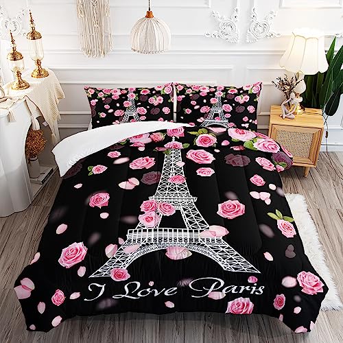 XYNHML Eiffel Tower Comforter Set Queen Size Girls Pink Rose Paris Bedding Set Romantic Theme Decor Adult Women Couple Quilted Bed Set with 1 Comforter and 2 Pillowcases
