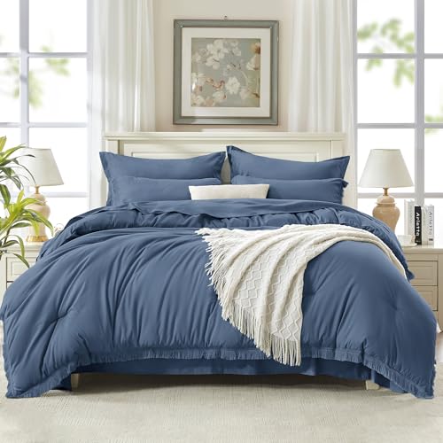 Andency Queen Comforter Set, 7 Pieces Bluish Grey Bedding - Boho Bed in a Bag, Soft Lightweight, Fringe Bed Set with Comforter(90x90), Sheets, Pillowcases & Shams