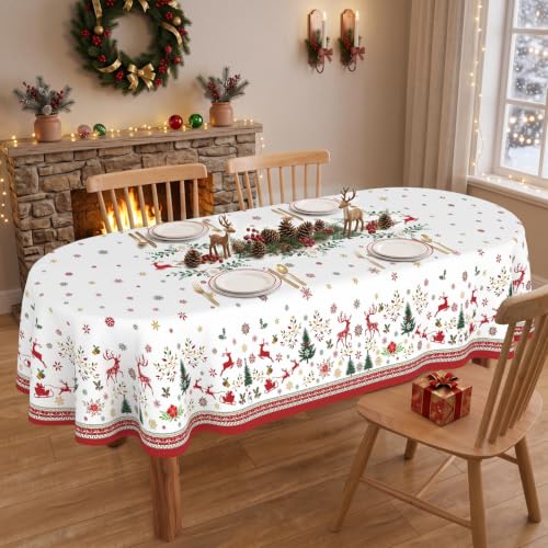 Sonalied Oval Christmas Tablecloth 60x84 Inch, Waterproof Farmhouse Holiday Xmas Christmas Table Cloths Oval
