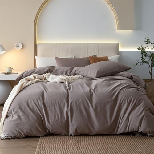 JIYUAN Queen Washed Cotton Duvet Cover Set, 3-Piece, Relaxed Linen Feel - Includes 2 Pillowcases, Hidden Zipper & 8 Corner Ties. Naturally Soft, Breathable & Lightweight. Machine Washable.