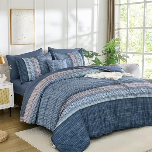 Dintszyayue 8 Piece Bed in a Bag Striped Comforter Set Queen Size, Blue Striped Boho Comforter for Queen Bed, Soft Microfiber Bedding Set for All Season