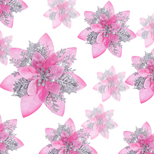 24 Pcs Christmas Glitter Artificial Poinsettia Flowers Xmas Poinsettia Artificial Wedding Flowers Decorations Xmas Tree Ornaments with Clips for Party Favors, 6 Inch, 4 Inch, 3 Inch (Pink and Silver)