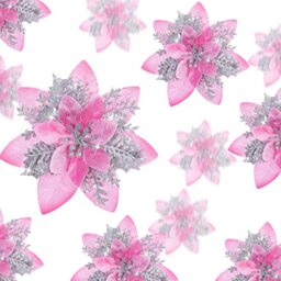 24 Pcs Christmas Glitter Artificial Poinsettia Flowers Xmas Poinsettia Artificial Wedding Flowers Decorations Xmas Tree Ornaments with Clips for Party Favors, 6 Inch, 4 Inch, 3 Inch (Pink and Silver)