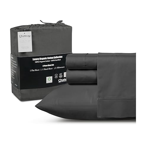 100% Cotton Sheets King Size Sheets Set with Fitted Sheet & Pillowcase Sets, Sateen Weave 4 piece Deep Pocket King Sheet Set, Soft & Comfy Naturally Cool Luxury Bedding- Charcoal