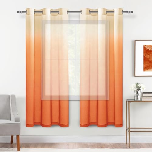 DWCN Ombre Sheer Curtains - Faux Linen Gradient Semi Voile Grommet Top Drapes Bedroom and Living Room Curtains, Set of 2 Window Curtain Panels, 42 x 63 Inch Length, Sunset Orange