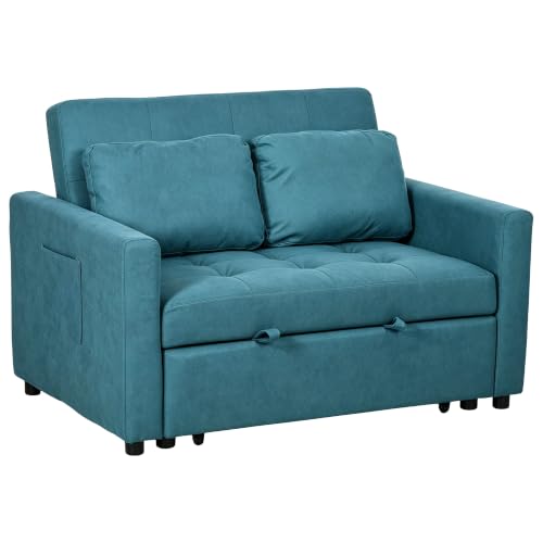 HOMCOM 2 Seater Sofa Bed, 120 cm Convertible Bed Settee, Blue - Modern Fabric Loveseat Sofa Couch, 2 Pillows, Side Pockets, Living Room, Guest Room