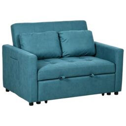 HOMCOM 2 Seater Sofa Bed, 120 cm Convertible Bed Settee, Blue - Modern Fabric Loveseat Sofa Couch, 2 Pillows, Side Pockets, Living Room, Guest Room