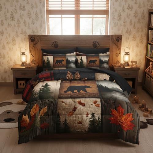 QOOMO Western Rustic 7 Pieces Comforter Set Queen Size,Hunting Bedding Set for Kids Teens Girls-Include 1 Comforter,1 Fitted Sheet,1 Flat Sheet,2 Printing Pillowcases and 2 Pillowcases