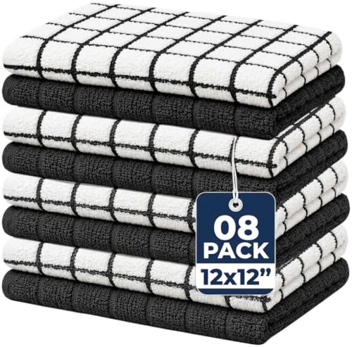 "Bumble Premium Cotton Dish Cloths (12"" x 12"") Black Check Design - Highly Absorbent, Natural Ring Spun Cotton - Kitchen Dish Towel Set - 380 GSM - 8 Pack"