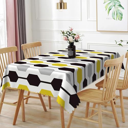 TTQYFNM 60x84inches Mid Century Modern Rectangle Tablecloth Yellow Grey Black Geometric Pattern Table Cloth Waterproof Fabric Table Cover for Home Kitchen Dining Room Living Room Indoor Outdoor Use