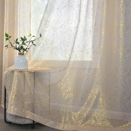 Terlytex Gold Sparkle Sheer Curtains 63 inches Long for Bedroom - Grommet Top Light Filtering Window Curtains 52x63 inch Taupe 2 Panels