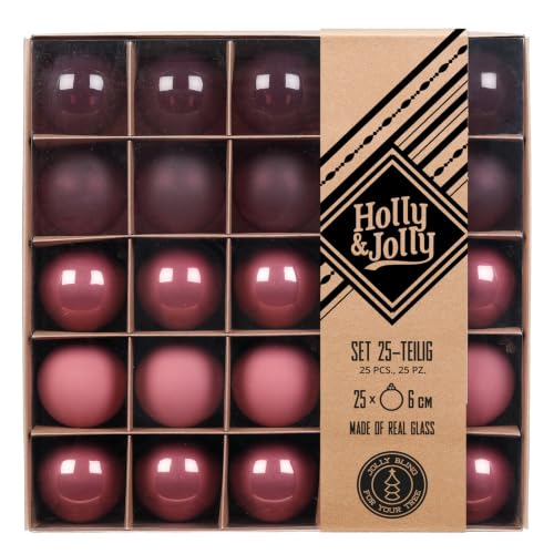 Holly & Jolly Dusty Rose Flow Christmas Baubles, Pack of 25 - Glass Christmas tree baubles, approx. 6 cm, plum Christmas tree decoration, transparent, matt and shiny, Christmas decoration