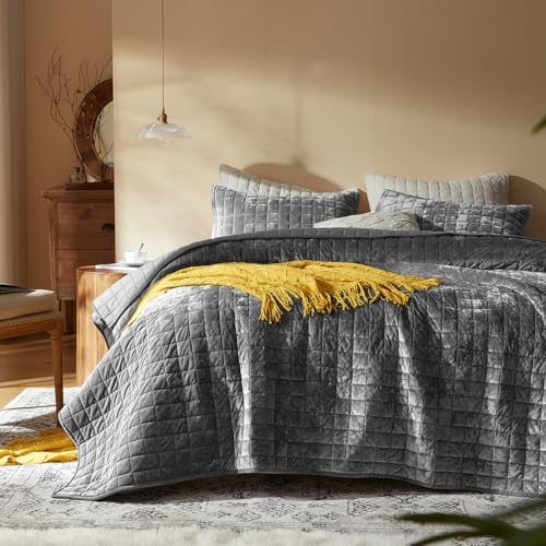 LEAONME Velvet Quilt Full/Queen Size-90''x98'', Lightweight Grey Velvet Comforter Set with 2 Pillow Shams, Soft Bedspread Coverlet Quilted Bedding Set for All Season
