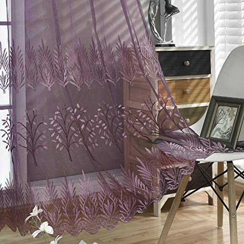 DONREN Tree Branch Printed Embroidery Sheer Curtains for Bedroom - Luxury Plum Purple Embroidery Sheer Curtain Panels for Living Room (W 52 x L 84 Inch,2 Panels)