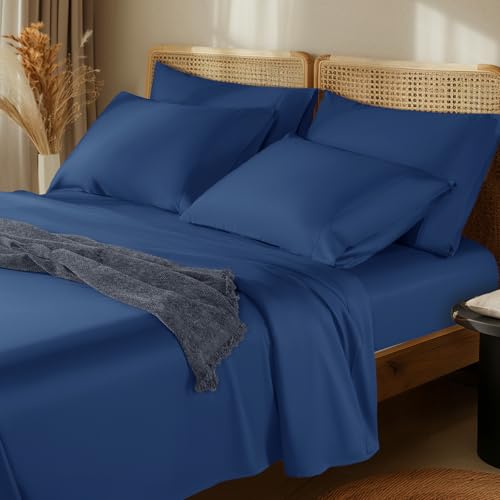"LBRO2M 1000 Thread Count 100% Egyptian Cotton Sheets Set 6 Piece Sets King Bed Sheet Deep Pocket Sheet Set 16"" Soft Comfortable All Season (King, Navy Blue)"
