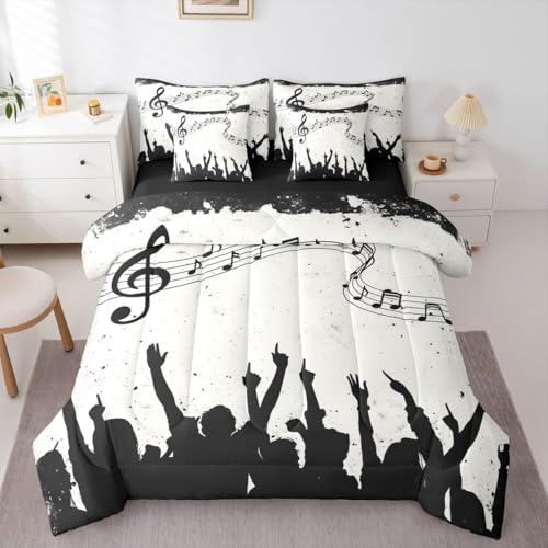 Erosebridal Music Stave Note Black Beige 7 Piece Bedding Set Twin - Swirl Guitar Piano Comforter Set with Sheets Aesthetic Kids Bed in A Bag Adults Women Men Bed Sets