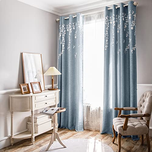 Melodieux Flower Embroidery Linen Blackout Blue Curtains for Living Room Bedroom Grommet Window Drape, White Flower, 100 by 84 Inch (1 Panel)