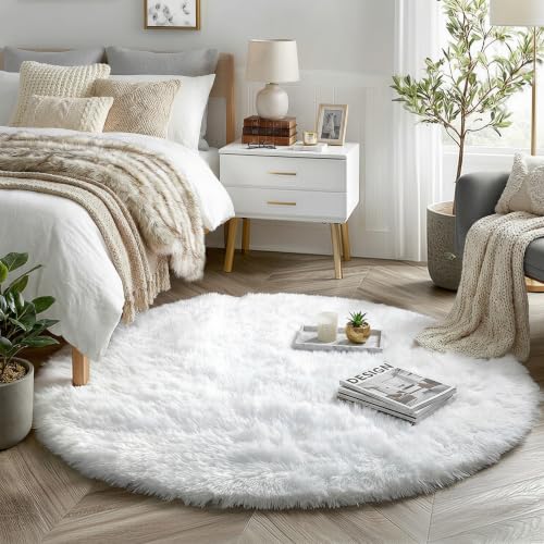 White Round Fluffy Carpet - 5'X5' for Bedroom, Kids, Teen's & Nursery Room - Plush Shaggy Rug for Dorm & Baby's Room Decor