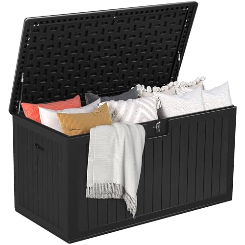 DWVO 567.8L Resin Outdoor Storage Box, Double-Wall Waterproof Deck Box with Wood Texture, Lockable Garden Storage that Doubles as Table or Bench (1000 lbs Capacity)???Black