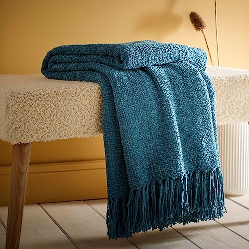 Appletree Teal Chenille Throw ??? 130 x 180cm ??? Textured Knit Blanket with Tassels ??? Teal Blue Sofa Throw ??? Woven Home Furnishing Accessory ??? Soft Decorative Blanket