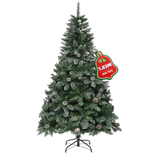 DWVO 72mm Artificial Christmas Tree with Snow and Pinecones - Approx 880 Tips, Lifelike Spruce with Metal Stand and Folding System, Quick Assembly for Home Shops, 183 x ??105cm