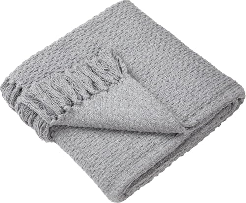 Drift Home - Grey Throw with Tassel - Sustainable Recycled Cotton - Woven Blanket - Basket Weaved - Textured Sofa Throw - Extra Large
