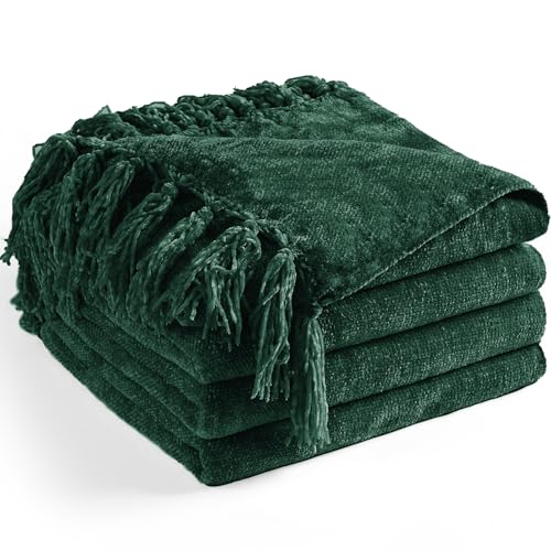 "LONG CREATE Chenille Throw Blanket for Couch 50""X 60"", Soft Cozy Throws with Fringe Tassel for Bed Sofa Chair Cover, Lightweight Knitted Decorative Boho Blankets for Living Room, Dark Green"