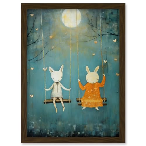 Artery8 Rabbits on a Swing with Moonlit Butterflies Calming Baby Nursery Artwork Framed Wall Art Print A4