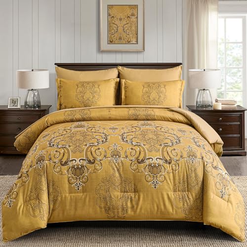 "Mybedsoul Gold Queen Comforter Set, 7 Pieces Boho Bed in a Bag for Queen Bed, Damask Comforter with Sheets Pillowcases, Soft Microfiber Lightweight Bedding Sets for All Season(90""x90"")"